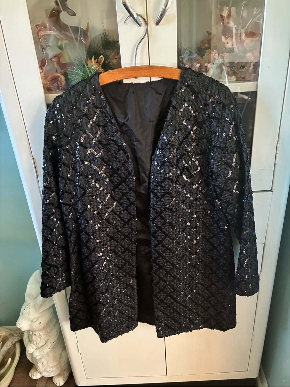 Vintage jr sz 11  Black Crinkle Sequin Open-Front Jacket euc
